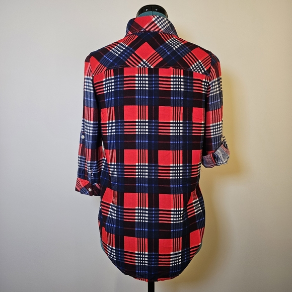 Rebel Sugar red navy white plaid 3/4 sleeve button-down shirt top size XS US - Picture 4 of 7